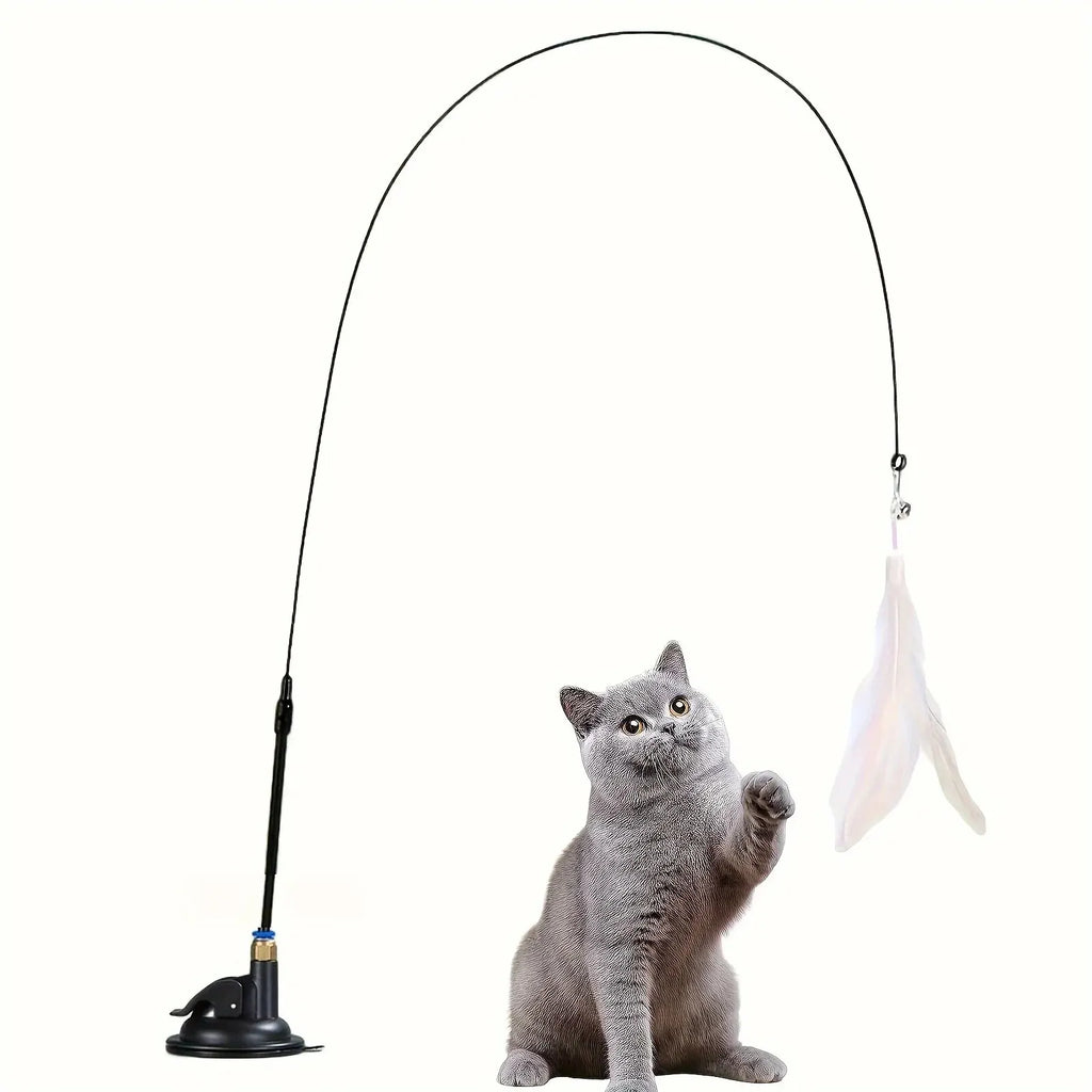 Feather wand teaser with suction cup