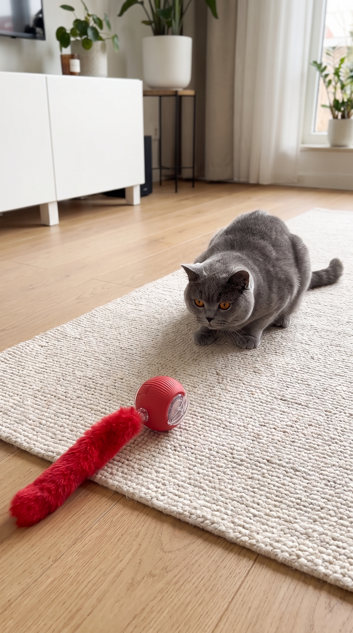 British Shorthair cat about to pounce on the Smart Chase Ball