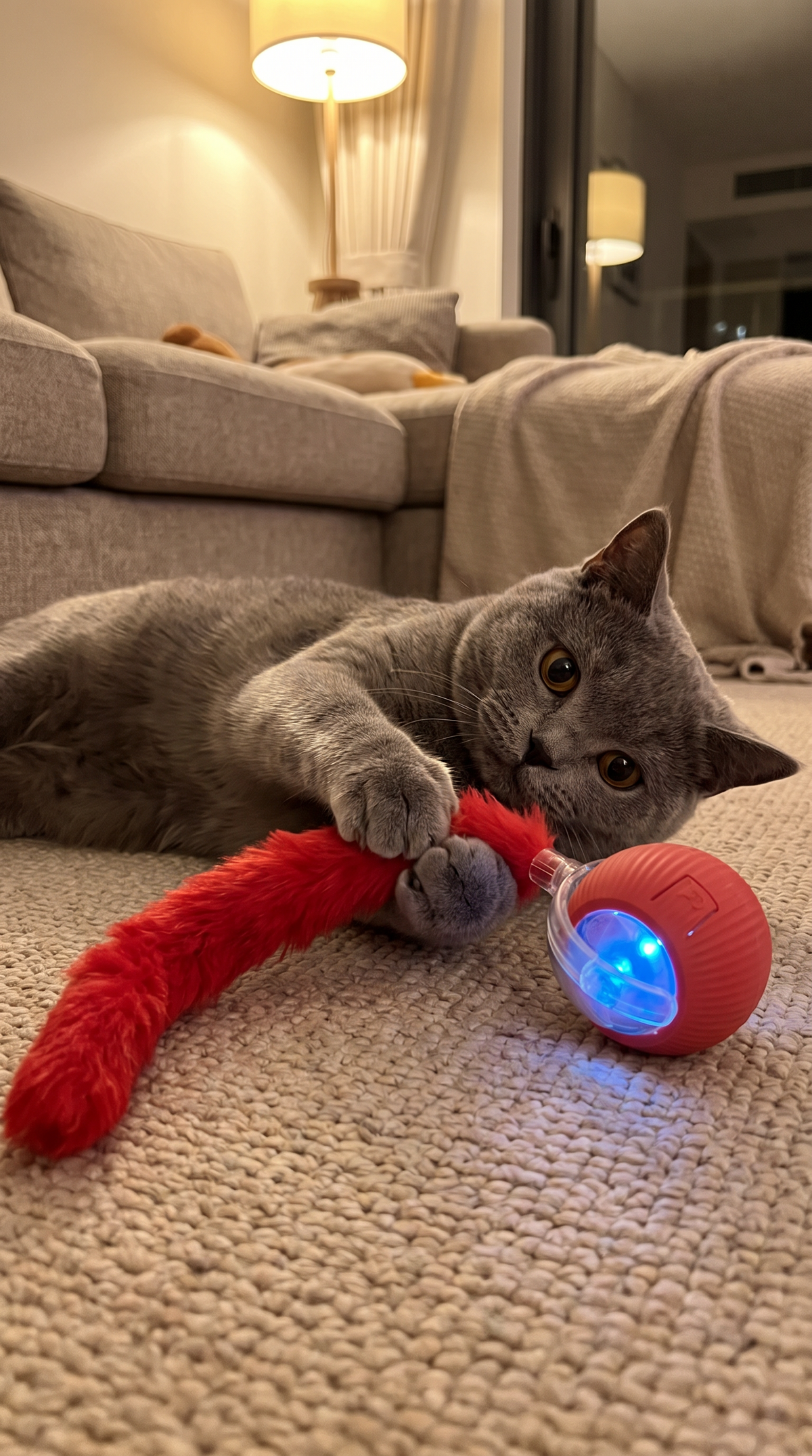 Cat playing with the Smart Chase Ball feather tail